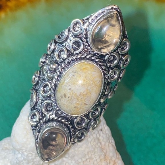 Indonesian Sea Fossil Coral + Smoky Quartz  vintage handcrafted ring - Picture 1 of 12